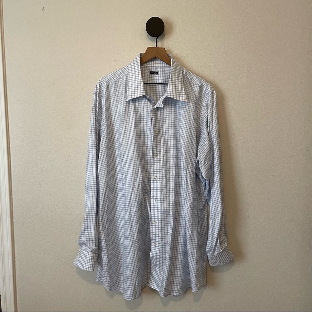 Tom James Blue and White Check Plaid Button Front Custom Fit Shirt XXL